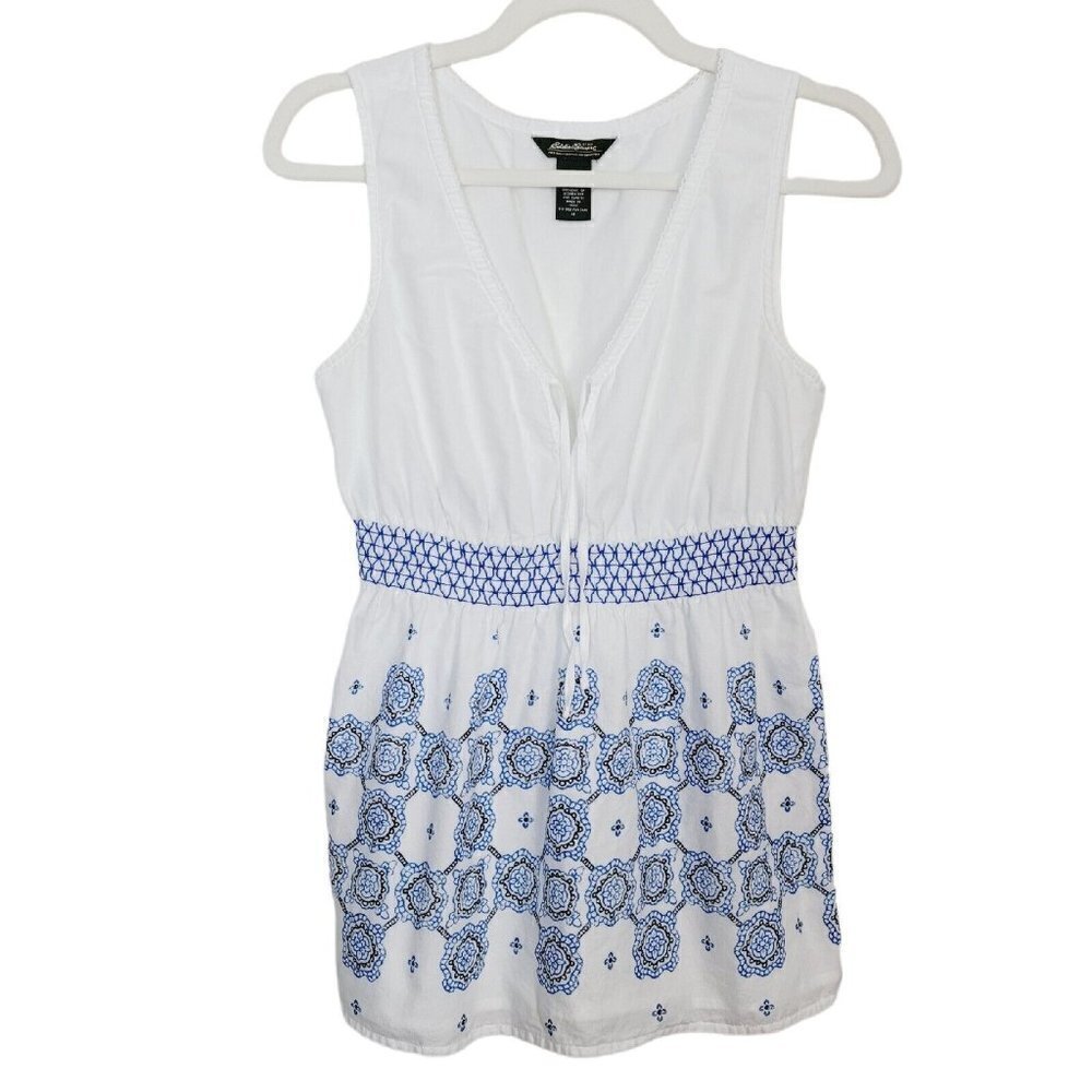 Eddie Bauer Sz Med Sleeveless Peplum Blouse White Blue Cotton Dutch Chinoiserie
